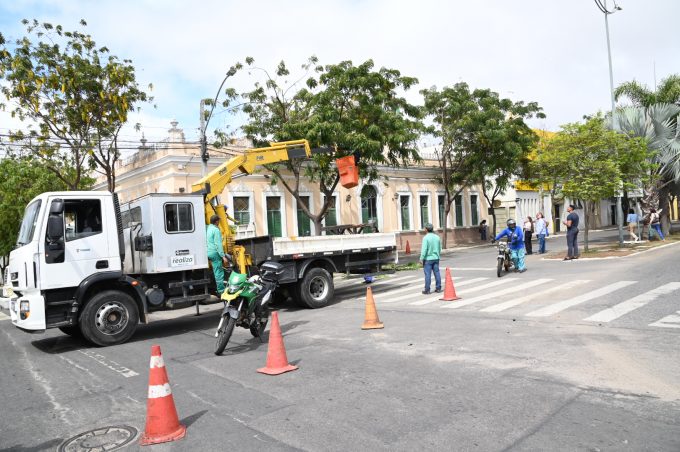 Secretaria Municipal de Serviços Públicos realiza poda de árvores no entorno da Prefeitura e trânsito é modificado