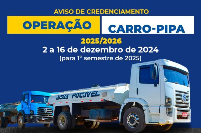 Credenciamento da Operação Carro-Pipa acontece online e termina no dia 16 de dezembro