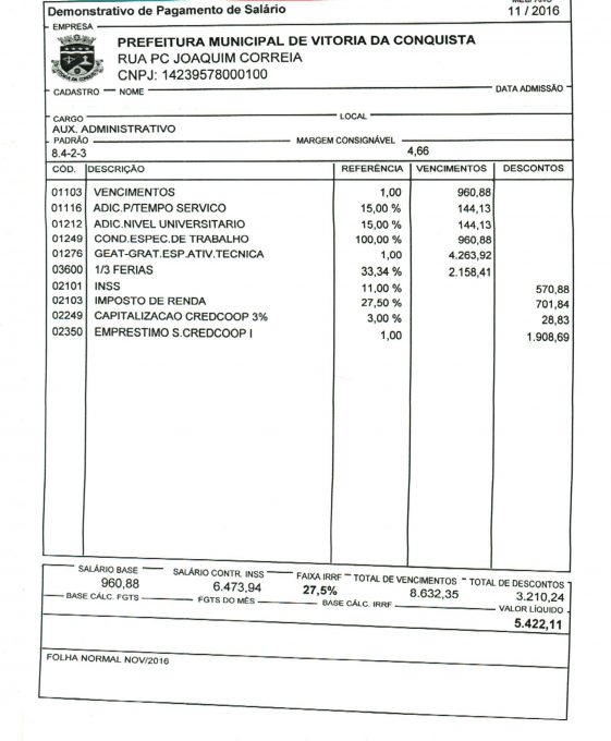 contracheque Prefeitura Municipal de Vitória da Conquista PMVC